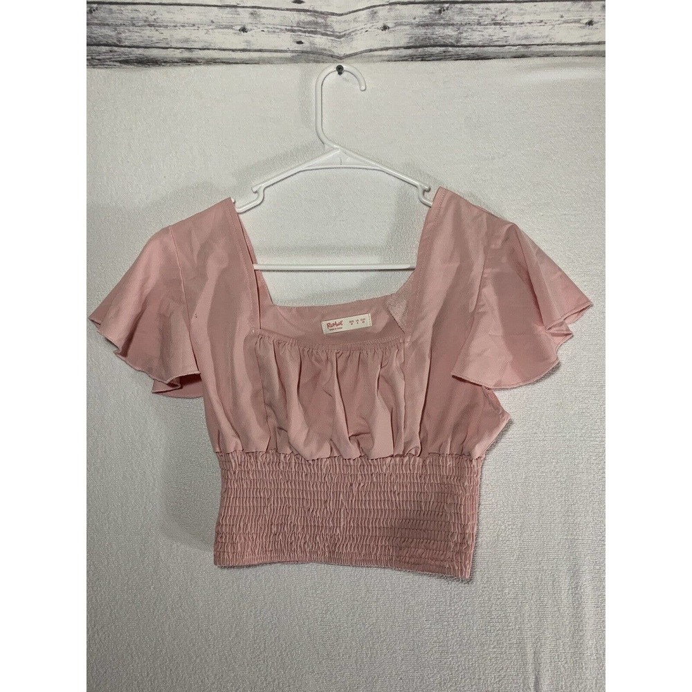 Romwe Shirt Juniors Medium Short Sleeve Crop Top Puff Sleeve Scoop Neck Pink